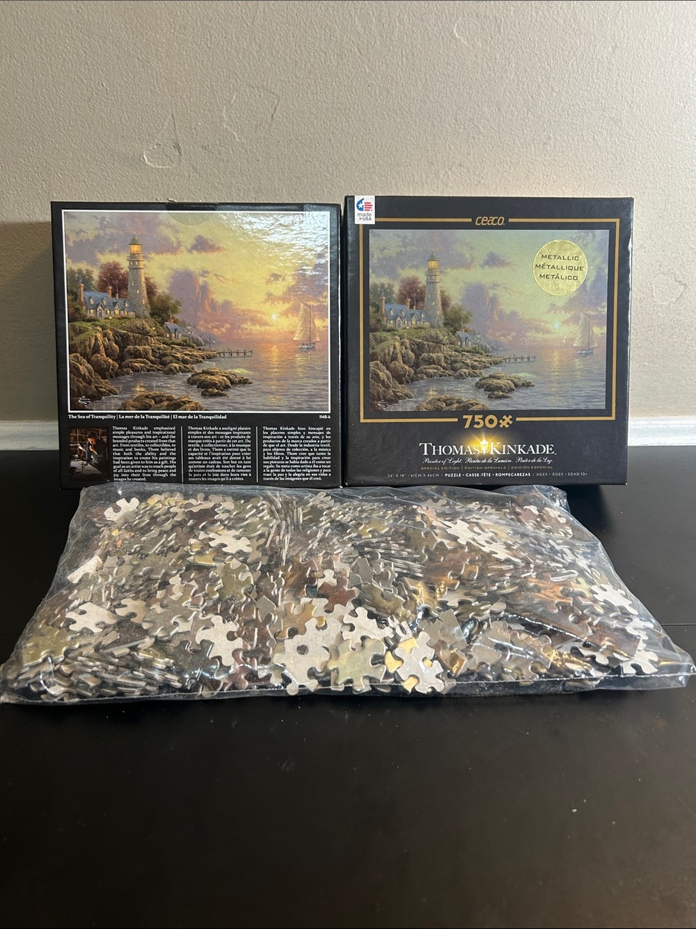 Thomas Kinkade Metallic Lighthouse Puzzle - Gold, Blue & Brown Palette 750 pc.